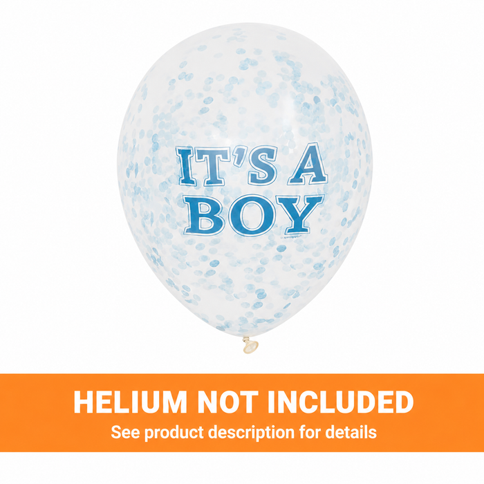 Clear 12-inch balloon with light blue confetti inside and blue “It’s a Boy” lettering on the front with a Helium Not Included banner on the bottom of the image. 