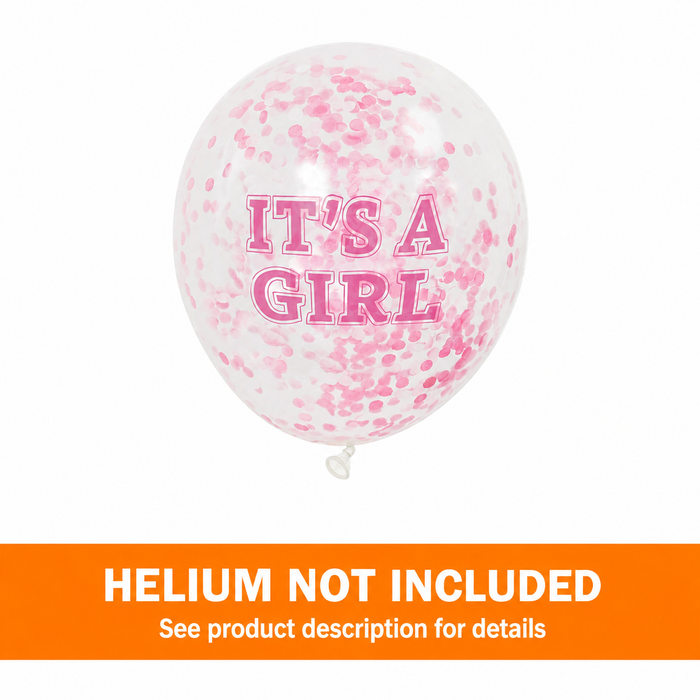 Clear 12-inch balloon with pink confetti inside and pink “It’s a Girl” lettering on the front, with a Helium Not Included banner on the bottom of the image. 