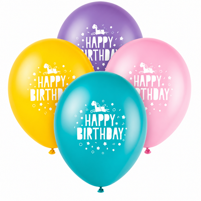 Unicorn 12-inch latex balloon pack shown with teal, yellow, pink, and purple balloons featuring white “Happy Birthday” lettering and party icons.
