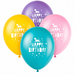 Unicorn 12-inch latex balloon pack shown with teal, yellow, pink, and purple balloons featuring white “Happy Birthday” lettering and party icons.