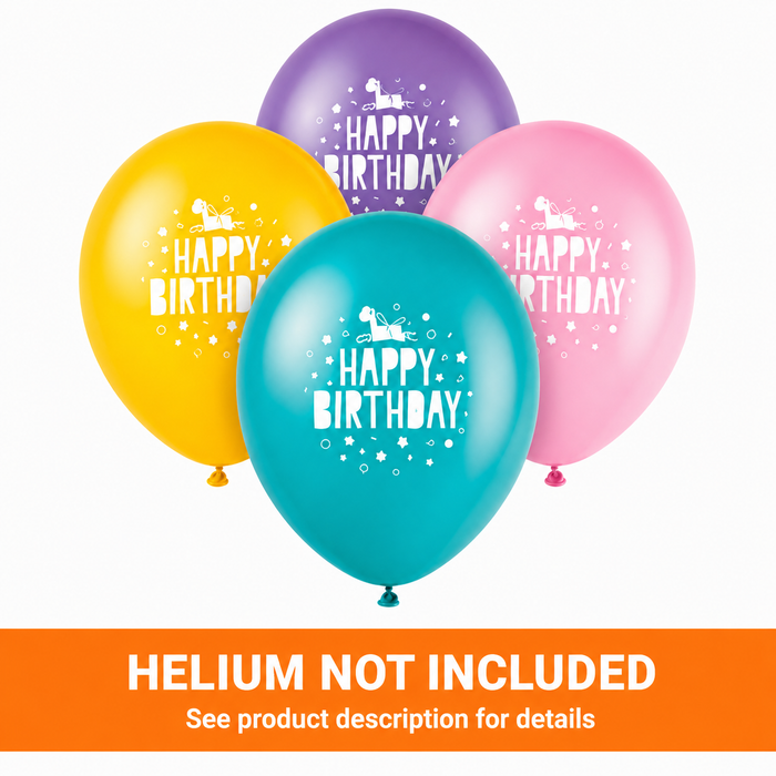 Unicorn 12-inch latex balloon pack shown with teal, yellow, pink, and purple balloons featuring white “Happy Birthday” lettering and party icons with a Helium Not Included banner at the bottom of the image.
