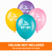 Unicorn 12-inch latex balloon pack shown with teal, yellow, pink, and purple balloons featuring white “Happy Birthday” lettering and party icons with a Helium Not Included banner at the bottom of the image.