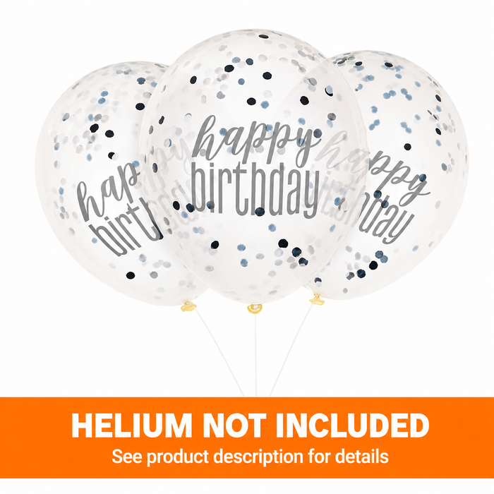 Clear 12-inch latex confetti balloons with black, silver, and gray confetti and gray “happy birthday” lettering with a Helium Not Included banner on the bottom of the image. 