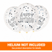 Clear 12-inch latex confetti balloons with black, silver, and gray confetti and gray “happy birthday” lettering with a Helium Not Included banner on the bottom of the image. 