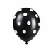 Midnight black latex balloon with large white polka dots on a white background.