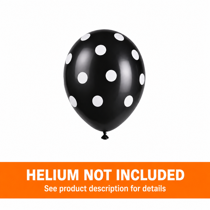 Midnight black latex balloon with large white polka dots on a white background with a Helium Not Included banner.