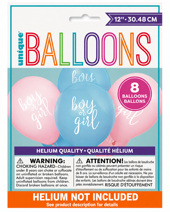 Gender reveal 12-inch latex balloon pack with pink and blue balloons featuring white “baby girl” and “boy or girl” lettering with a banner that state Helium Not Included. 