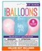 Gender reveal 12-inch latex balloon pack with pink and blue balloons featuring white “baby girl” and “boy or girl” lettering with a banner that state Helium Not Included. 