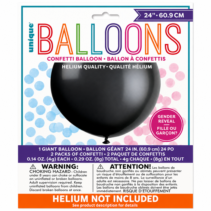 ender reveal 24-inch black latex balloon package with pink and blue confetti packs for a surprise reveal party with banner that states Helium Not Included.