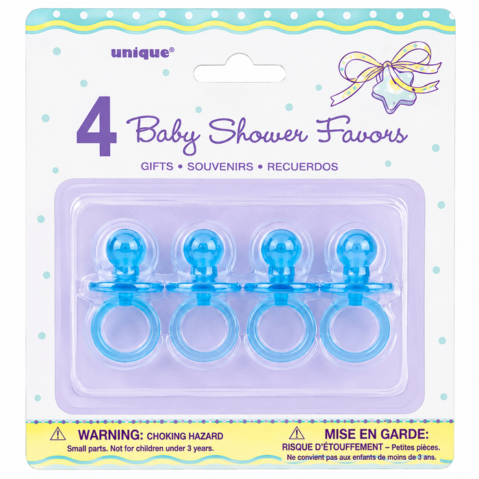 Blue 2-inch pacifier party favors for baby shower decorations, favor bags, games, crafts, and blue-themed celebrations.