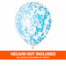 Clear 16-inch latex balloon filled with blue heart-shaped confetti for baby showers, gender reveals, birthdays, and blue-themed party décor with an orange "Helium Not Included" banner. 
