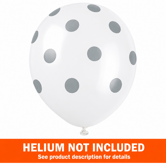 White balloon with silver polka dots on a white background, with an orange banner at the bottom indicating 'Helium Not Included'.