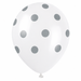 White 12-inch latex balloon with silver polka dots for birthdays, baby showers, graduations, anniversaries, and silver-themed party décor.