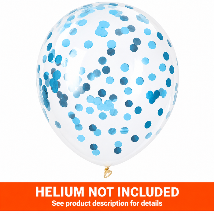 Clear 12-inch latex balloon filled with round blue confetti for baby showers, gender reveals, birthdays, and blue-themed party décor with an orange "Helium Not Included" banner.