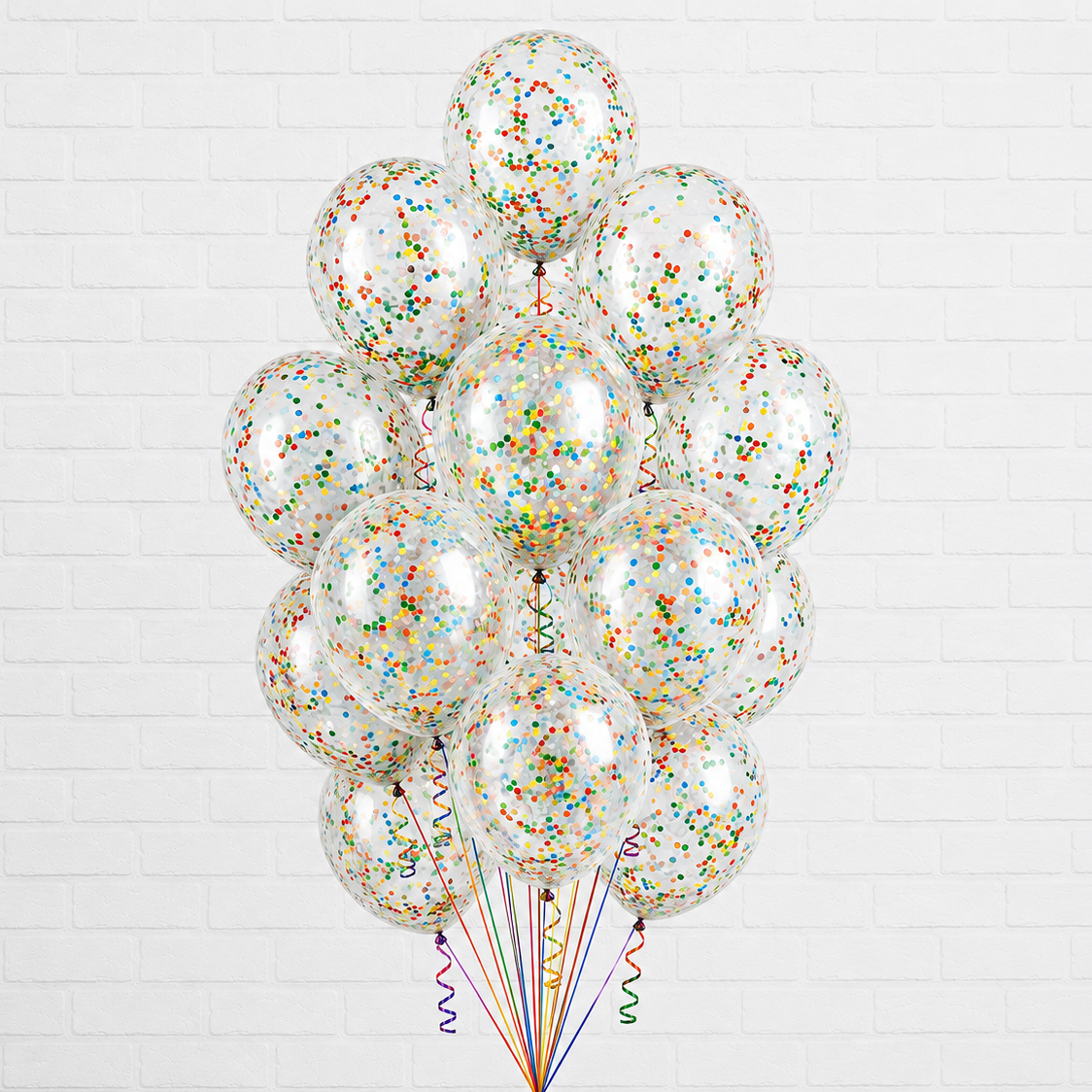 Bouquet of clear balloons with colorful confetti against a white background