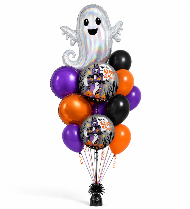 Halloween balloon bouquet with a silver holographic ghost balloon, purple, orange, and black round balloons, and two black foil balloons printed with 'Happy Halloween' and a cartoon character, on a white background.