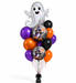 Halloween balloon bouquet with a silver holographic ghost balloon, purple, orange, and black round balloons, and two black foil balloons printed with 'Happy Halloween' and a cartoon character, on a white background.
