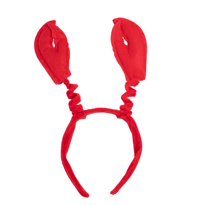 Red plush crab or lobster claws headband on a white background.