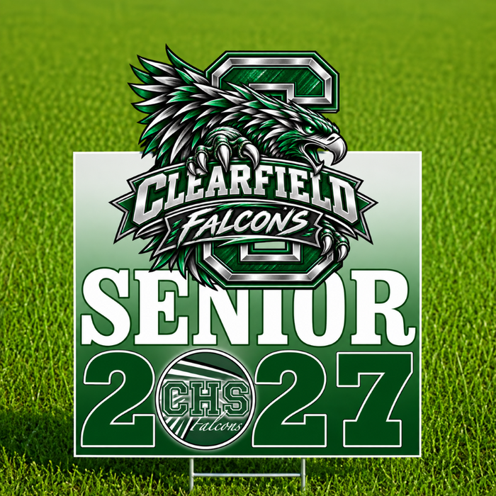 A custom school senior yard sign for Clearfield Falcons, celebrating a senior year 2027. The sign features a white-to-green gradient background with a large falcon mascot graphic, the text 'CLEARFIELD FALCONS', 'SENIOR', and '2027'.