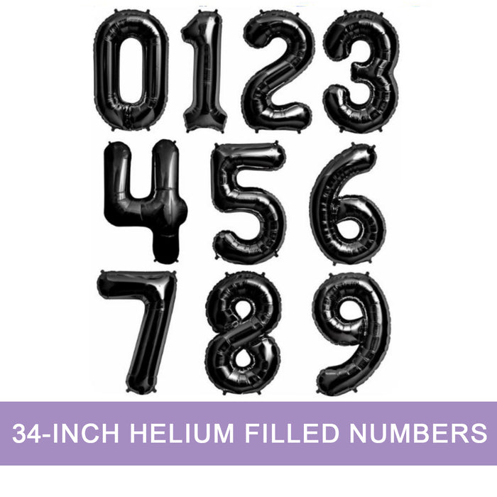 34-inch Black Jumbo Number Balloons. Showing numbers 0-9.