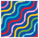A colorful beverage napkin with a repeating pattern of wavy diagonal stripes in green, cyan, red, pink, and yellow on a blue background, with the word 'HOORAY' printed repeatedly along the few stripes.