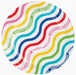A round white paper plate printed with wavy rainbow stripes in red, yellow, green, cyan, blue, and pink, with the phrase “HAPPY BIRTHDAY” repeated along the design.