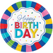 A round paper plate with a colorful birthday design. The outer rim has alternating bright segments of blue, yellow, green, pink, and red.