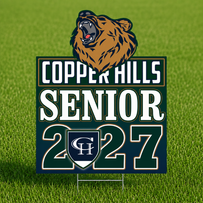 A digital graphic design for a Copper Hills Senior 2027 athletic logo, featuring a roaring brown bear head above the text 'COPPER HILLS SENIOR 2027' on a dark green and navy blue background.