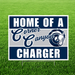 Home of a Corner Canyon Charger yard sign featuring bold navy, silver, and white school colors, large white "HOME OF A" and "CHARGER" text, a script-style "Corner Canyon" across the center, and the Corner Canyon Chargers horse head logo on a corrugated plastic yard sign with an H-stake for outdoor display.