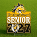 A rectangular yard sign on a metal stake featuring a yellow and black cottonwood horse logo, the text 'Cottonwood SENIOR 2027' in white and black, and a small horse-and-rider emblem near the bottom, shown against a green grass background.
