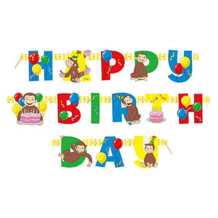 Colorful jointed paper banner featuring Curious George the monkey in various poses with balloons and birthday cake decorations in red, blue, yellow, and green.