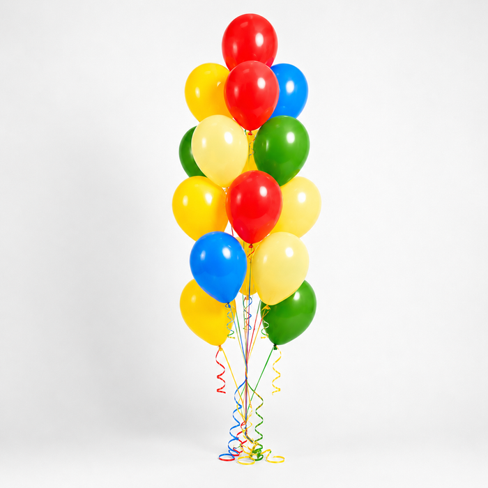 Curious George themed accent balloon bouquet with red, yellow, blue, green, and light yellow balloons with curling ribbon.