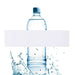 Clear plastic water bottle with blue cap surrounded by splashing water, with a blank white label band across the middle.