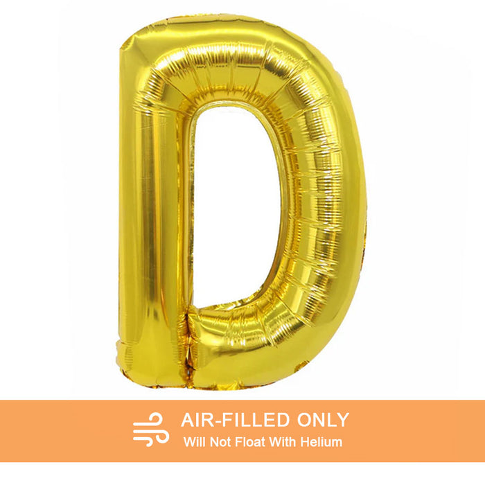 A 16-inchAir Filled Gold Mylar Letter Balloon in the letter D.