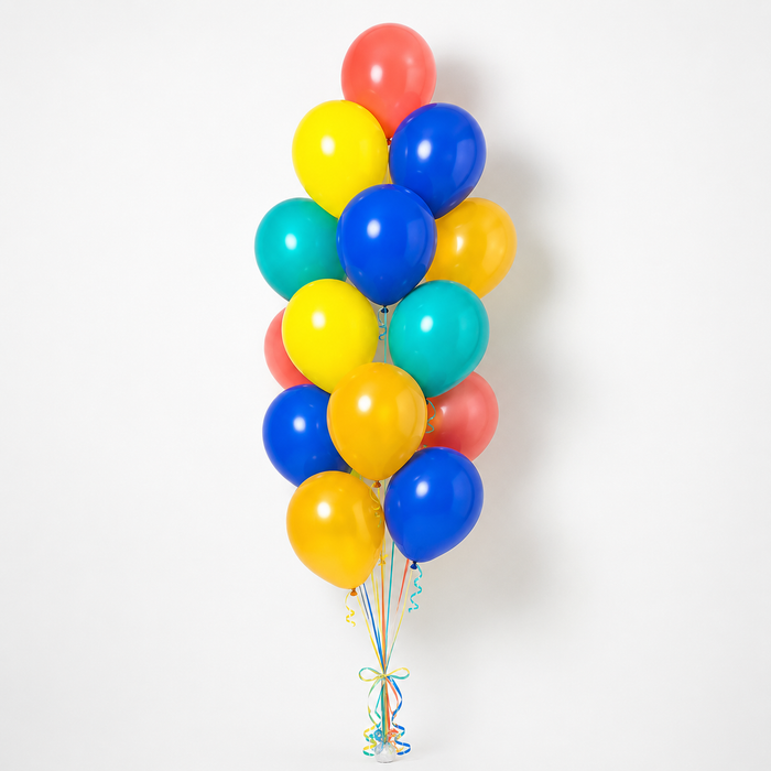 Despicable Me themed accent balloon bouquet with yellow, blue, teal, orange, and coral balloons with curling ribbon.
