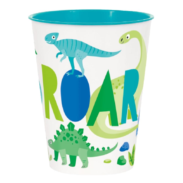 A white plastic party cup with a bright teal interior and a colorful dinosaur-themed 'ROAR' print, featuring cartoon dinosaurs and large letters on a white background.
