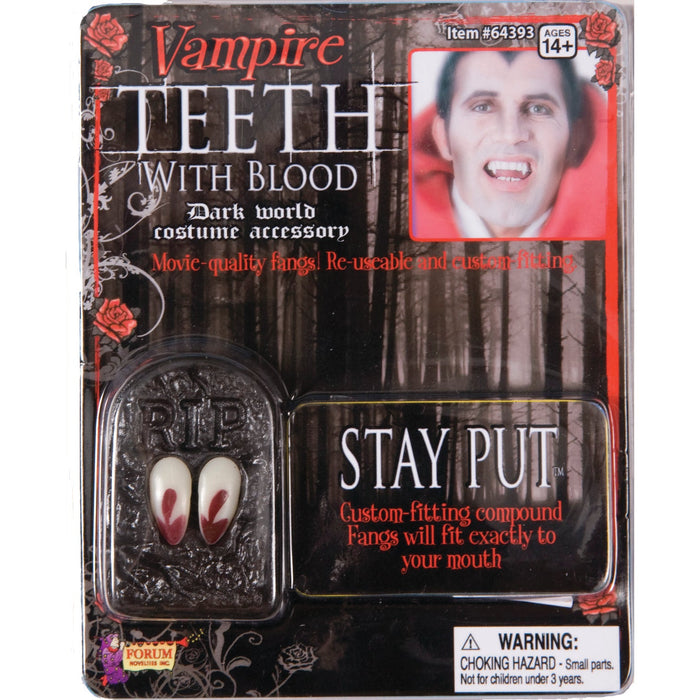 Vampire Fangs with / Blood shown against a plain white background — a Halloween costume accessory.