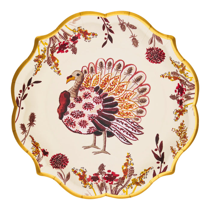 Decorative plate with a turkey design and floral patterns on a white background