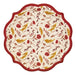 A scalloped round paper plate with a cream background, featuring a dense floral and botanical pattern in red, mustard yellow, and brown, finished with a solid dark red border.