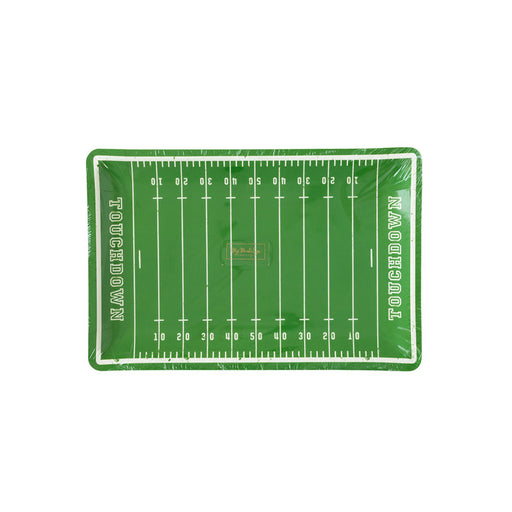 An 11inch Football Field Shaped Paper Plate.  Comes in a package of 8.