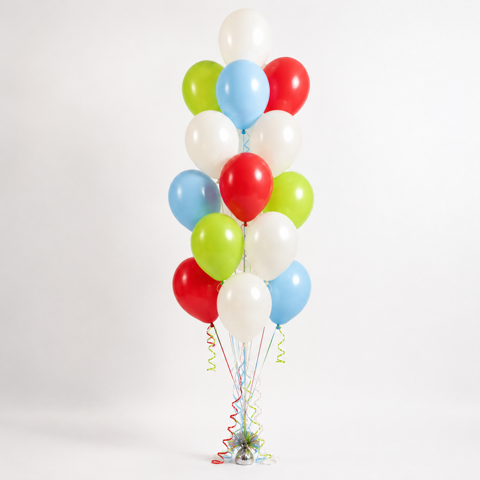 Farm Animals themed accent balloon bouquet with 18 red, sky blue, lime green, and white latex balloons arranged with matching curling ribbon.
