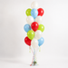 Farm Animals themed accent balloon bouquet with 18 red, sky blue, lime green, and white latex balloons arranged with matching curling ribbon.
