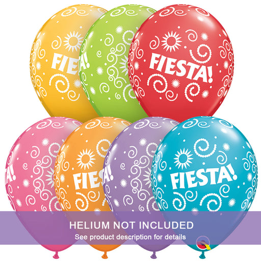 A photo of seven inflated Fiesta Latex Balloon, 11" showing the seven available colors.