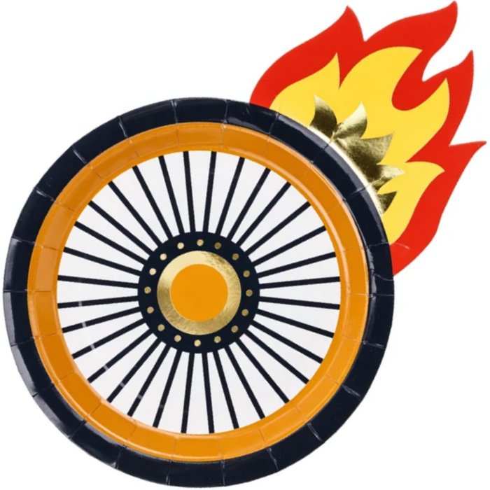 A circular plate printed with a stylized wheel design in black, white, orange, and gold, with red and yellow flame graphics behind it on a plain white background.