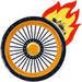 A circular plate printed with a stylized wheel design in black, white, orange, and gold, with red and yellow flame graphics behind it on a plain white background.