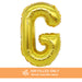 A 16-inchAir Filled Gold Mylar Letter Balloon in the letter G.