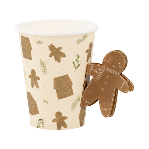 A 12 ounce Christmas Whimsy Gingerbread Handled Paper Cup.  Comes in a package of 8.