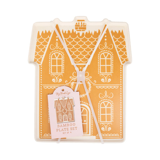 A 4 count package of Christmas Gingerbread House Bamboo Plates.