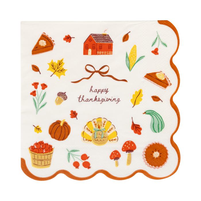 Decorative paper napkin with Thanksgiving-themed illustrations on a white background