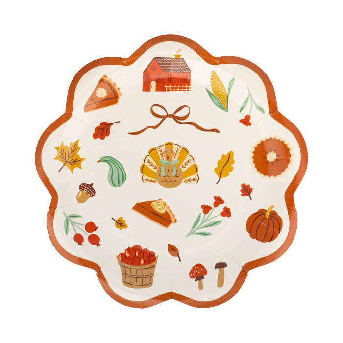 Decorative plate with autumn-themed illustrations on a white background